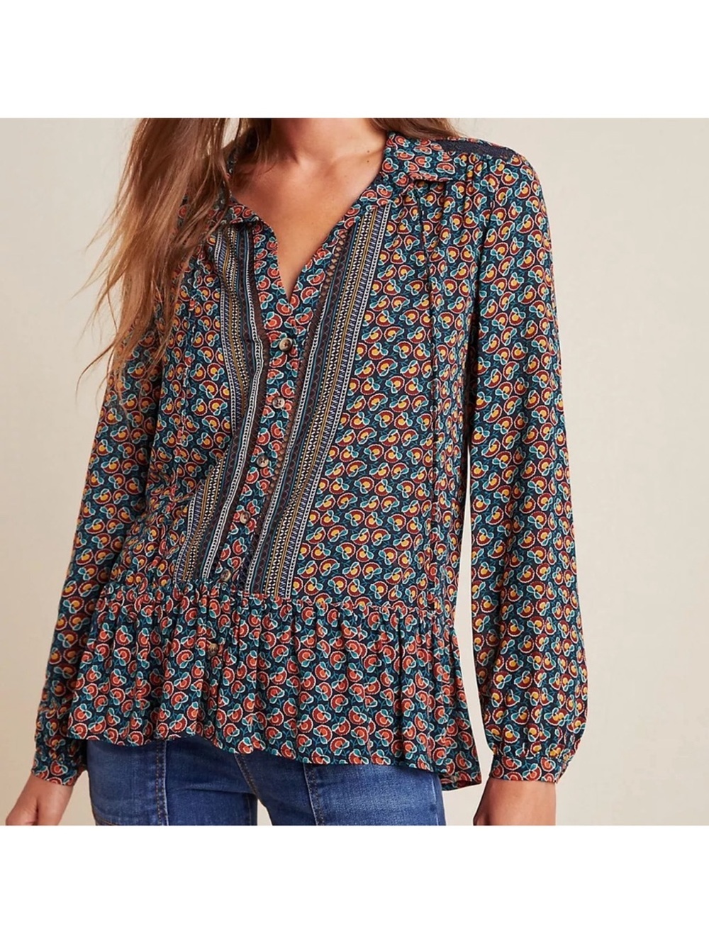 Maeve by Anthropologie Janie Flounced Peasant Blouse In Blue Motif - Size 4